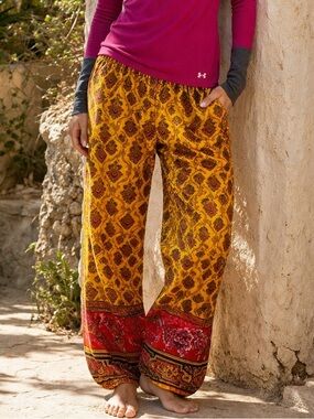 Sundance Boho Patchwork Wide Leg Pants Yellow Pink Floral Paisley Size M